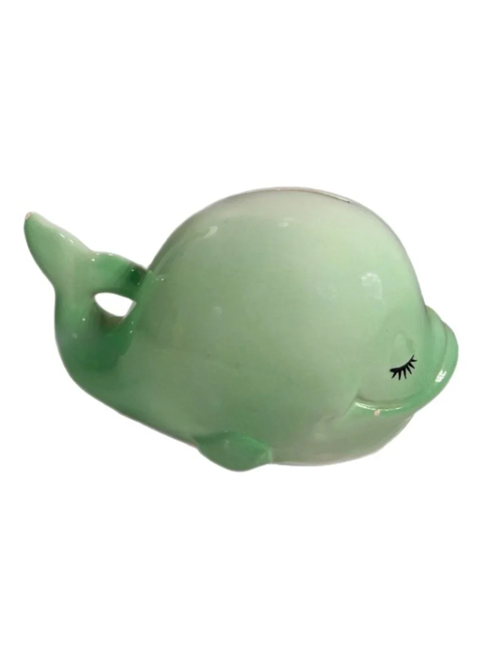 Ceramic Pottery Green Whale Coin Savings Bank with Plug Eyelashes Taiwan HTF - Picture 2 of 12